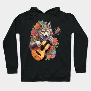 Grey Wolf Playing Guitar Floral Hoodie